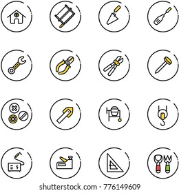 line vector icon set - home vector, bucksaw, trowel, chisel, wrench, side cutters, bolt cutter, nail, rivet, tile drill, cocncrete mixer, winch, welding, stapler, corner ruler, shovel fork toy