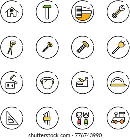 line vector icon set - home vector, work, hotel, wrench, plumber, screw, wood drill, welding, protect glass, stapler, construction helmet, corner ruler, allen key set, shovel fork toy, train