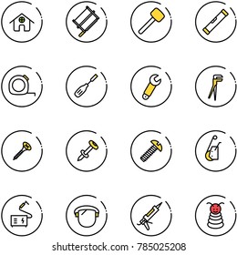 line vector icon set - home vector, bucksaw, rubber hammer, level, measuring tape, chisel, wrench, plumber, screw, nail dowel, winch, welding, protect glass, gun sealant, pyramid toy