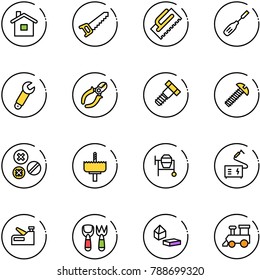line vector icon set - home vector, saw, trowel, chisel, wrench, side cutters, bolt, screw, rivet, crown drill, cocncrete mixer, welding, stapler, shovel fork toy, constructor blocks, train