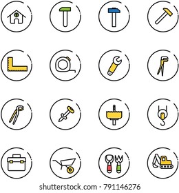 line vector icon set - home vector, work, hammer, corner ruler, measuring tape, wrench, plumber, nail dowel, crown drill, winch, tool box, wheelbarrow, shovel fork toy, excavator