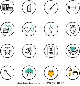line vector icon set - hospital building vector, vial, scalpel, barbell, mri, heart beat, carrot, tooth, run, pull ups, care, brush, broccoli, strawberry, uv cream