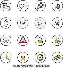 line vector icon set - hospital building vector, heart beat, bacteria, stomach, brain, tooth, run, virus, pedestrian road sign, user, check, hand sproute, success, dollar