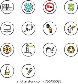 line vector icon set - hospital building vector, lemon slice, no truck overtake road sign, shield check, network folder, magnifier, world, win, parasol, lighthouse, bucket scoop, nut, brush