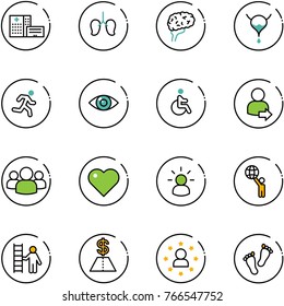 line vector icon set - hospital building vector, lungs, brain, bladder, run, eye, disabled, user login, group, heart, idea, world, opportunity, dollar, star man, feet