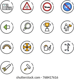 line vector icon set - hospital building vector, round motion road sign, no cart horse, end minimal speed limit, left arrow, magnifier, win cup, rainbow, parasol, bucket scoop, bezier, saw