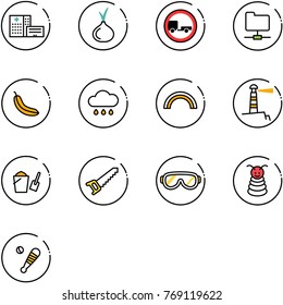 line vector icon set - hospital building vector, onion, no trailer road sign, network folder, banana, rain cloud, rainbow, lighthouse, bucket scoop, saw, protective glasses, pyramid toy