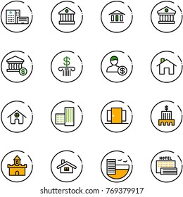 line vector icon set - hospital building vector, bank, account, home, doors, sand fort, hotel, sea