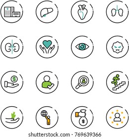 line vector icon set - hospital building vector, liver, heart, lungs, kidneys, care, eye, virus, investment, user check, head hunter, career, hand sproute, world, rich, star man