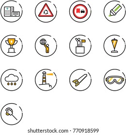 line vector icon set - hospital building vector, round motion road sign, no truck overtake, highlight marker, win cup, world, pennant, rain cloud, lighthouse, saw, protective glasses