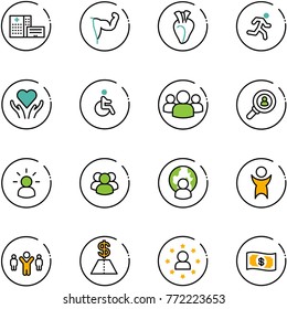 line vector icon set - hospital building vector, power hand, heart, run, care, disabled, group, head hunter, idea, man globe, success, team leader, dollar, star, money