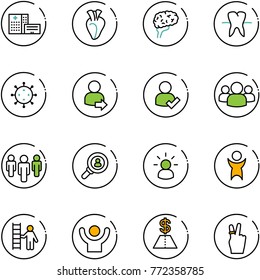 line vector icon set - hospital building vector, heart, brain, tooth, virus, user login, check, group, head hunter, idea, success, opportunity, dollar, victory