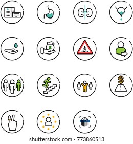 line vector icon set - hospital building vector, stomach, kidneys, bladder, drop hand, investment, pedestrian road sign, user login, group, career, team leader, dollar, victory, star man