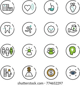 line vector icon set - hospital building vector, heart beat, stomach, tooth, run, virus, investment, group, idea, head bulb, opportunity, dollar, eye scanner
