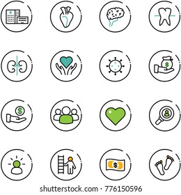 line vector icon set - hospital building vector, heart, brain, tooth, kidneys, care, virus, investment, group, head hunter, idea, opportunity, money, feet