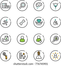 line vector icon set - hospital building vector, bacteria, brain, bladder, run, broken bone, heart care, disabled, investment, user, login, head hunter, world, opportunity, dollar, star man