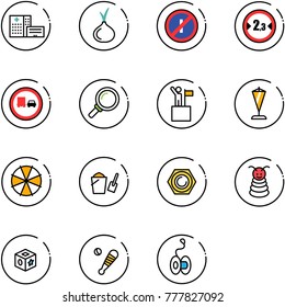 line vector icon set - hospital building vector, onion, no parkin odd, limited width road sign, truck overtake, magnifier, win, pennant, parasol, bucket scoop, nut, pyramid toy, cube, baseball bat