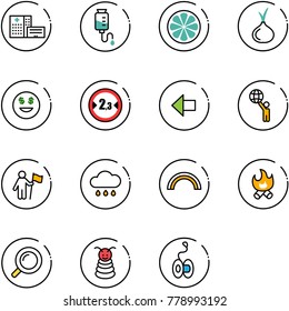 line vector icon set - hospital building vector, drop counter, lemon slice, onion, dollar smile, limited width road sign, left arrow, world, win, rain cloud, rainbow, fire, magnifier, pyramid toy