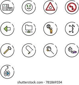 line vector icon set - hospital building vector, dollar smile, round motion road sign, no left turn, arrow, network folder, world, bezier, sledgehammer, fretsaw, horse stick toy, constructor blocks