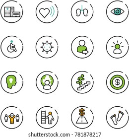 line vector icon set - hospital building vector, heart beat, lungs, eye, disabled, virus, user login, idea, head bulb, man globe, career, dollar, team leader, opportunity, feet