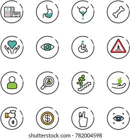line vector icon set - hospital building vector, stomach, bladder, broken bone, heart care, eye, disabled, pedestrian road sign, user, head hunter, career, hand sproute, rich, dollar, victory