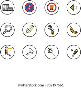 line vector icon set - hospital building vector, no parkin odd, dangerous cargo road sign, left arrow, magnifier, highlight marker, world, banana, lighthouse, paint roller, horse stick toy