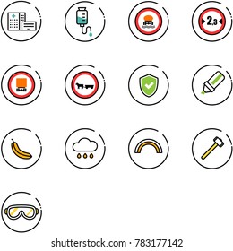 line vector icon set - hospital building vector, drop counter, no dangerous cargo road sign, limited width, cart horse, shield check, highlight marker, banana, rain cloud, rainbow, sledgehammer