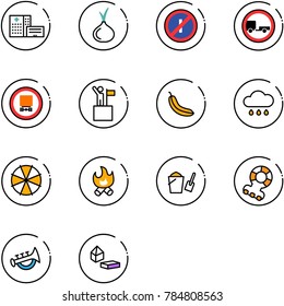line vector icon set - hospital building vector, onion, no parkin odd, trailer road sign, dangerous cargo, win, banana, rain cloud, parasol, fire, bucket scoop, teethers, horn toy