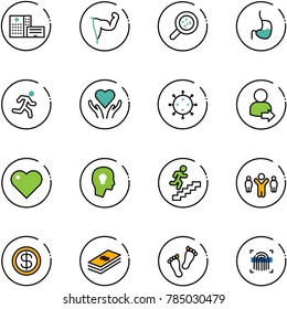 line vector icon set - hospital building vector, power hand, bacteria, stomach, run, heart care, virus, user login, head bulb, career, team leader, dollar, feet, fingerprint scanner