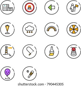 line vector icon set - hospital building vector, no dangerous cargo road sign, left arrow, win, pennant, rain cloud, rainbow, parasol, lighthouse, fretsaw, brush, pyramid toy, balloon smile