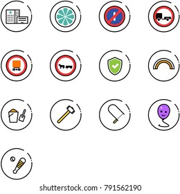 line vector icon set - hospital building vector, lemon slice, no parkin odd, trailer road sign, dangerous cargo, cart horse, shield check, rainbow, bucket scoop, sledgehammer, fretsaw, balloon smile
