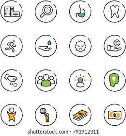 line vector icon set - hospital building vector, bacteria, stomach, tooth, run, drop hand, virus, investment, group, idea, head bulb, success, world, dollar, money