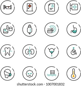 line vector icon set - hotel vector, first aid room, patient card, tonometer, drop counter, mri, stomach, tooth, kidneys, bladder, disabled, medical mask, virus, pool, thermometer
