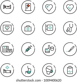 line vector icon set - hotel vector, first aid room, heart, pulse, kit, doctor bag, stethoscope, hospital building, syringe, tonometer, scalpel, bed, stomach, medical mask, clipboard