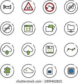 line vector icon set - hotel vector, children road sign, limited distance, end speed limit, overtake, website, folder, network, download cloud, upload, save, chart point arrow, signpost, sim, cpu