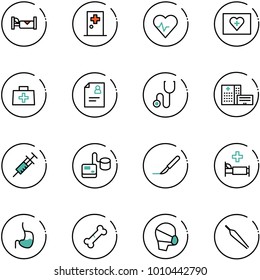 line vector icon set - hotel vector, first aid room, heart pulse, kit, doctor bag, patient card, stethoscope, hospital building, syringe, tonometer, scalpel, bed, stomach, broken bone, medical mask