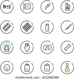 line vector icon set - hotel vector, first aid room, pipette, lab, pills blister, vial, scalpel, mri, heart, kidneys, broken bone, virus, bottle, pulse clipboard, thermometer