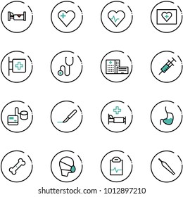 line vector icon set - hotel vector, heart, pulse, first aid kit, room, stethoscope, hospital building, syringe, tonometer, scalpel, bed, stomach, broken bone, medical mask, clipboard, forceps