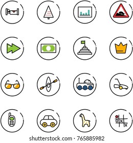 line vector icon set - hotel vector, christmas tree, statistics, steep descent road sign, fast forward, money, pyramid flag, crown, sunglasses, kayak, moon rover, lawn mower, phone toy, car, giraffe