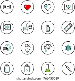 line vector icon set - hotel vector, heart, first aid kit, room, tonometer, pills bottle, medical patch, mri, brain, ambulance star, pulse clipboard, flask, forceps