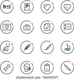 line vector icon set - hotel vector, first aid room, heart, pulse, kit, doctor bag, patient card, stethoscope, syringe, scalpel, stomach, broken bone, medical mask, clipboard, forceps