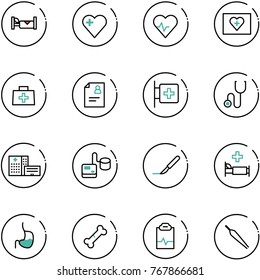 line vector icon set - hotel vector, heart, pulse, first aid kit, doctor bag, patient card, room, stethoscope, hospital building, tonometer, scalpel, bed, stomach, broken bone, clipboard, forceps
