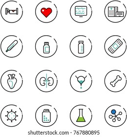 line vector icon set - hotel vector, heart, diagnostic monitor, hospital building, thermometer, pills bottle, vial, medical patch, kidneys, bladder, broken bone, virus, flask, molecule