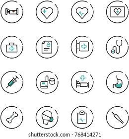 line vector icon set - hotel vector, heart, pulse, first aid kit, doctor bag, patient card, room, stethoscope, syringe, tonometer, hospital bed, stomach, broken bone, medical mask, clipboard