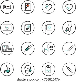 line vector icon set - hotel vector, first aid room, heart, pulse, kit, patient card, stethoscope, hospital building, syringe, tonometer, scalpel, stomach, medical mask, clipboard, forceps