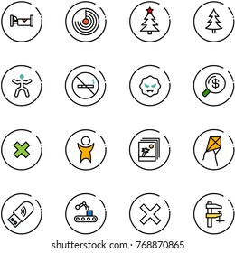line vector icon set - hotel vector, radar, christmas tree, gymnastics, no smoking sign, virus, money search, delete cross, success, photo, kite, usb wi fi, conveyor, clamp