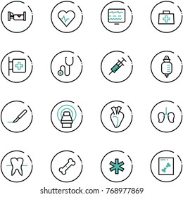line vector icon set - hotel vector, heart pulse, diagnostic monitor, doctor bag, first aid room, stethoscope, syringe, drop counter, scalpel, mri, lungs, tooth, broken bone, ambulance star, x ray