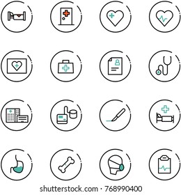 line vector icon set - hotel vector, first aid room, heart, pulse, kit, doctor bag, patient card, stethoscope, hospital building, tonometer, scalpel, bed, stomach, broken bone, medical mask