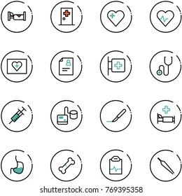 line vector icon set - hotel vector, first aid room, heart, pulse, kit, patient card, stethoscope, syringe, tonometer, scalpel, hospital bed, stomach, broken bone, clipboard, forceps