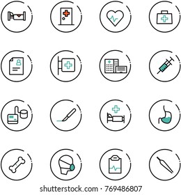 line vector icon set - hotel vector, first aid room, heart pulse, doctor bag, patient card, hospital building, syringe, tonometer, scalpel, bed, stomach, broken bone, medical mask, clipboard